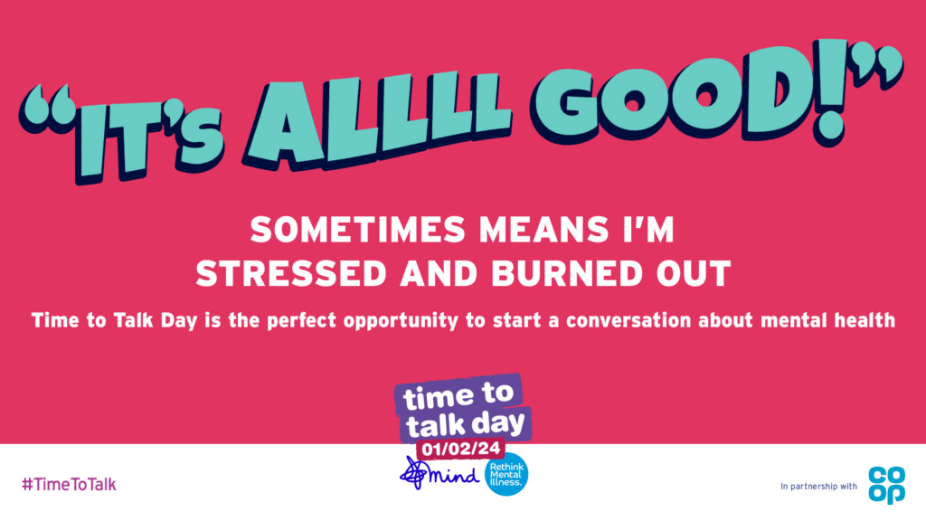 Banner showing text: 'It's all good' sometimes means I'm stressed and burned out